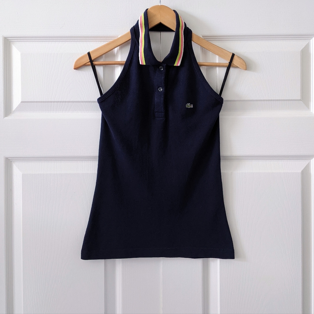 Lacoste Navy Blue Tennis Racket Embroidered Halter Neck Tank Top